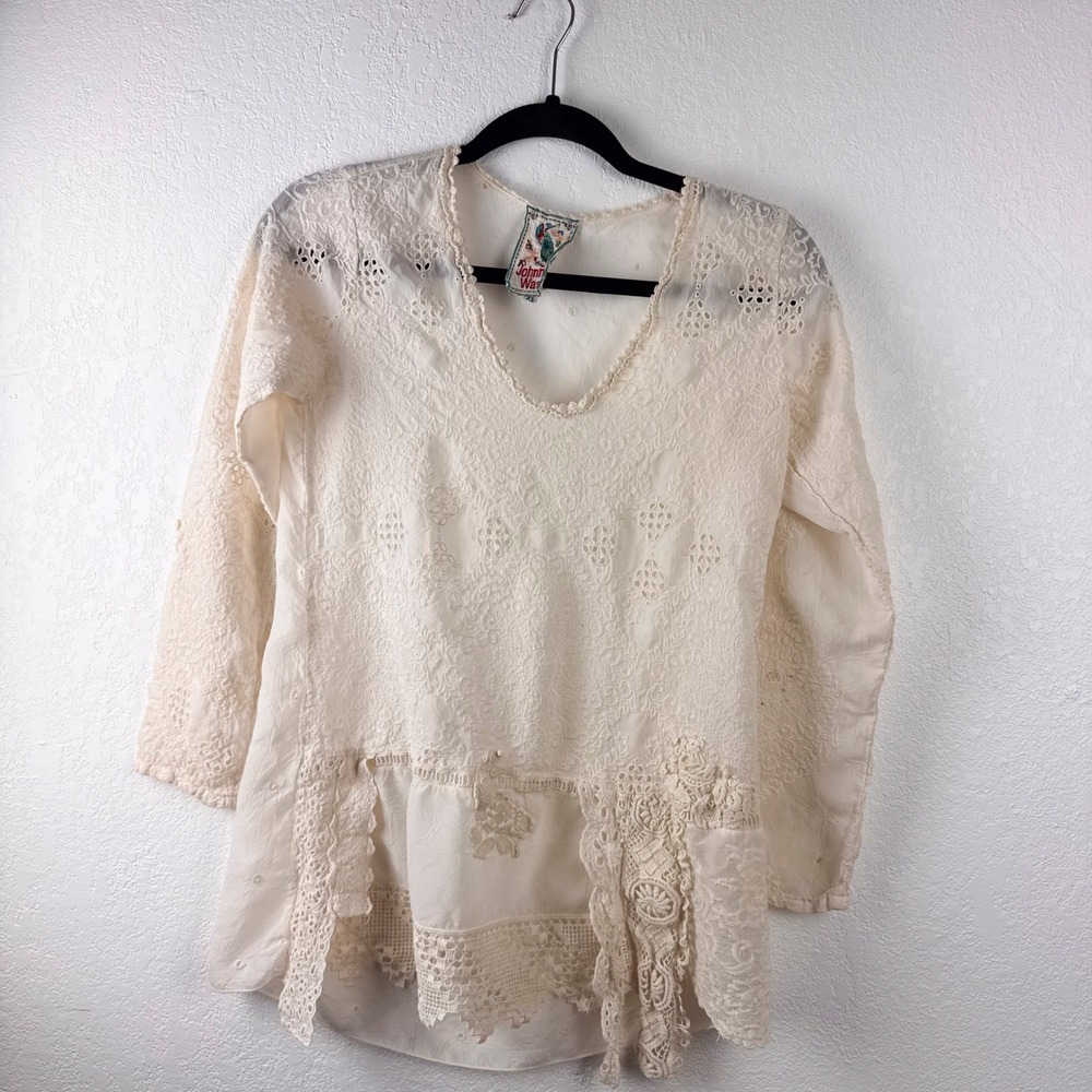 Johnny Was Cream Embroidered Eyelet Lace Trim Tunic Blouse Cupra Rayon XS